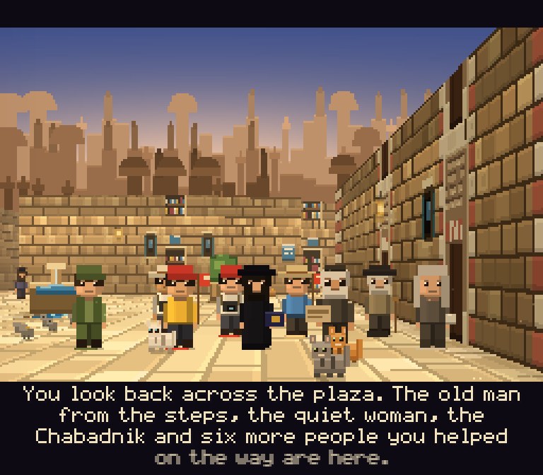 At the Western Wall in Kotel Quest, nine people the traveler helped on the way stand together on the plaza, with two cats