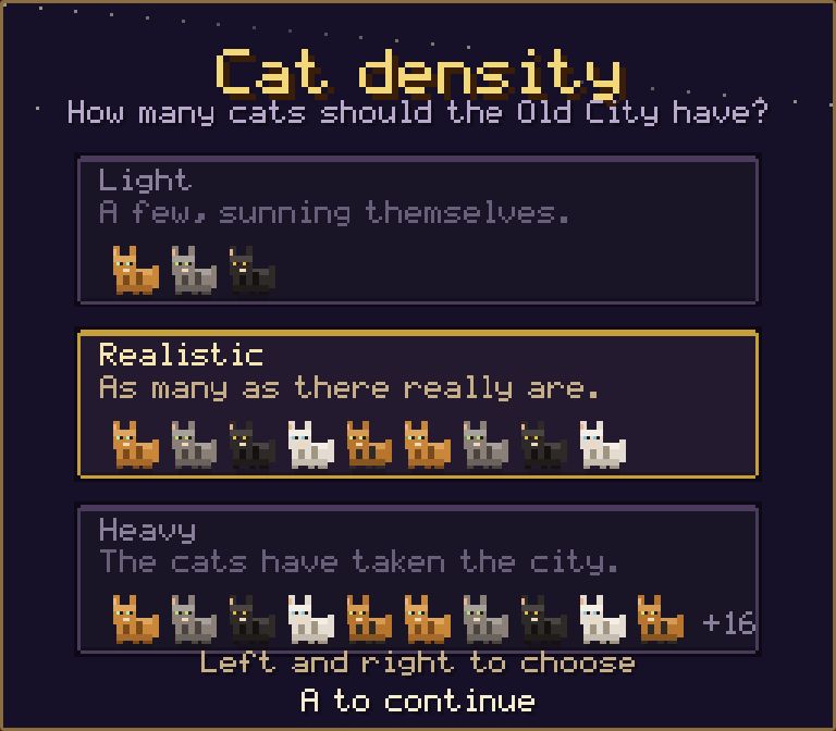 Kotel Quest cat-density options: light, realistic or heavy