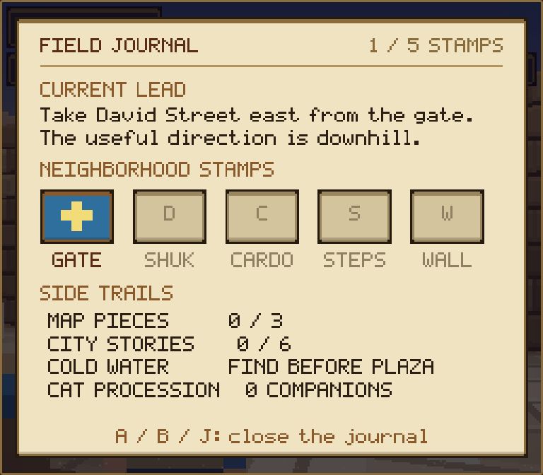 Kotel Quest field journal showing the current route, neighborhood stamps and side trails