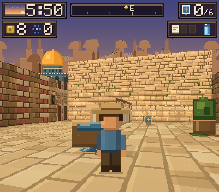 The Western Wall at golden hour in Kotel Quest, its stones lit gold, with the Dome of the Rock above the plaza rooftops